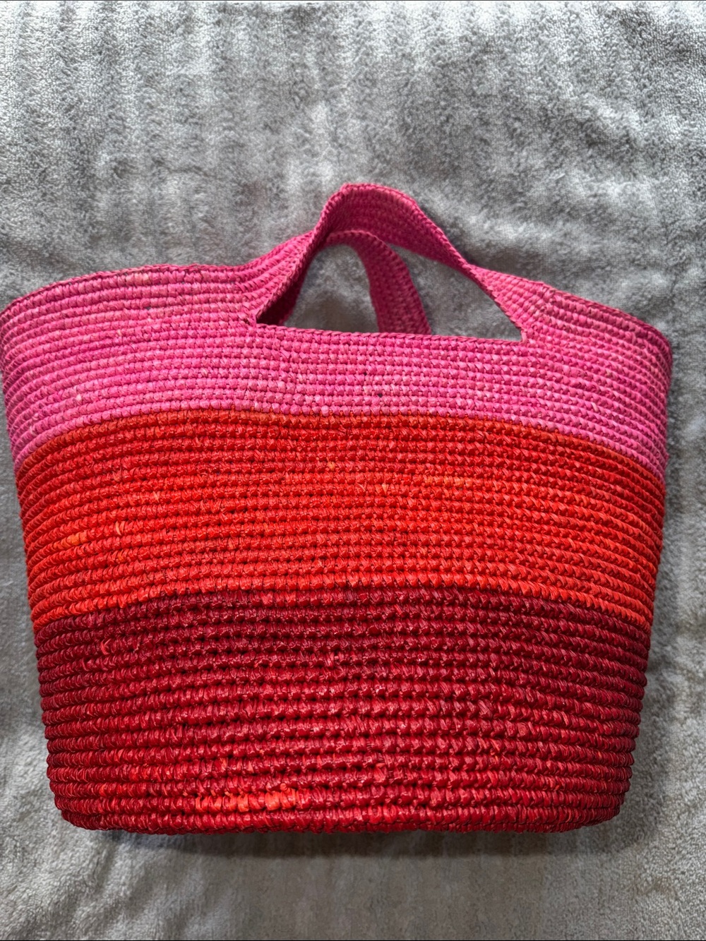 Pink and Red Ombre Woven Tote Bag with Top Handles